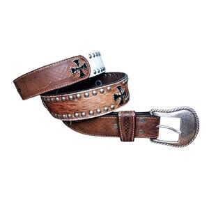Nocona Belts Mens Sz 40 Genuine Leather Hair On Hide Western Studs Cross Conchos
